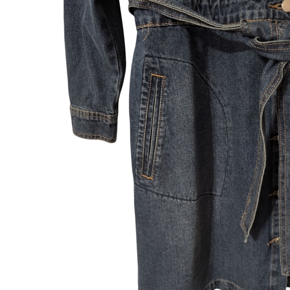 JUST FAB DARK WASH BELTED BUTTON UP DENIM JACKET DRESS - Picture 8 of 11